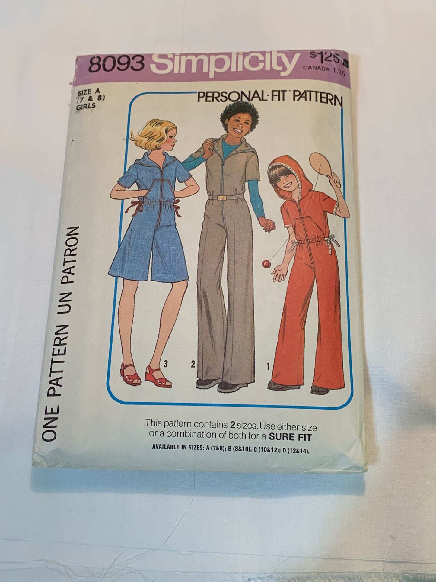 Simplicity Sewing Pattern 8093 Girls' Jumpsuit, Pantdress, Hood, Two Lengths, Pockets, Side Ties, Size 7-8, Cut, Vintage 1977