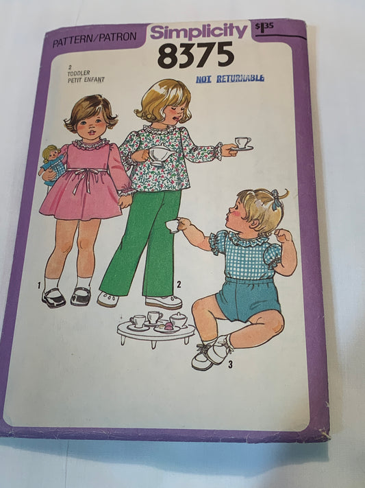Simplicity Sewing Pattern 8375 Toddlers' Dress, Top, Pants, Shorts, Long/Short Sleeves, Zipper Back, Pull On, Cut, Size 2 Vintage 1977