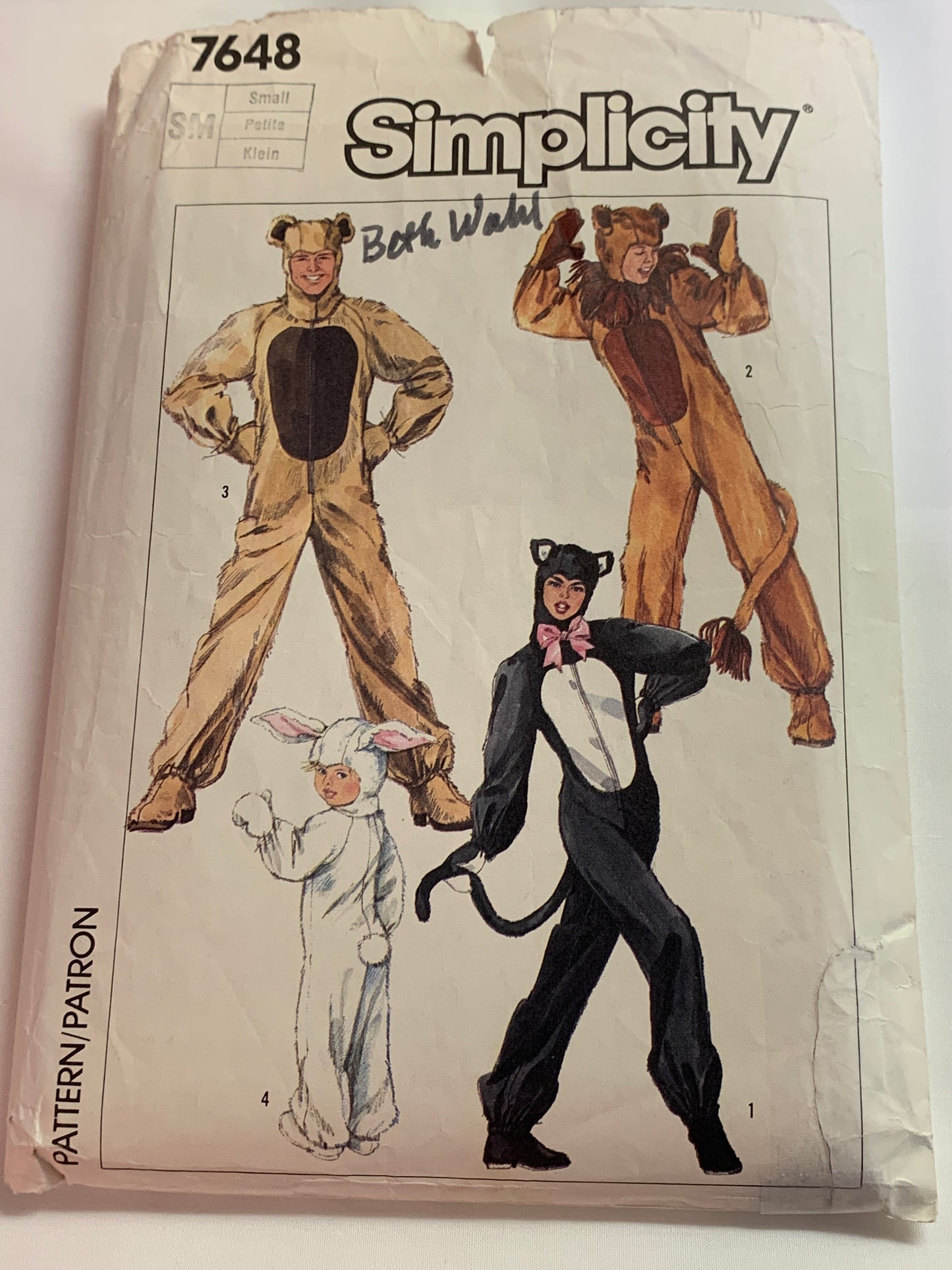 Simplicity Sewing Pattern 7648 Boys'/Girls' Animal Costumes, Cat, Bear, Rabbit, Mitten, Ears, Jumpsuits, Hood, Mittens, Booties, Size 2-4, Cut, Vintage 1986