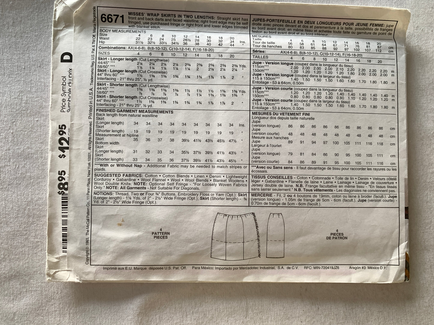 McCall's Sewing Pattern 6671 Misses' Wrap Skirt, Two Lengths, Pleats, Size 16-20, Uncut, Vintage 1993