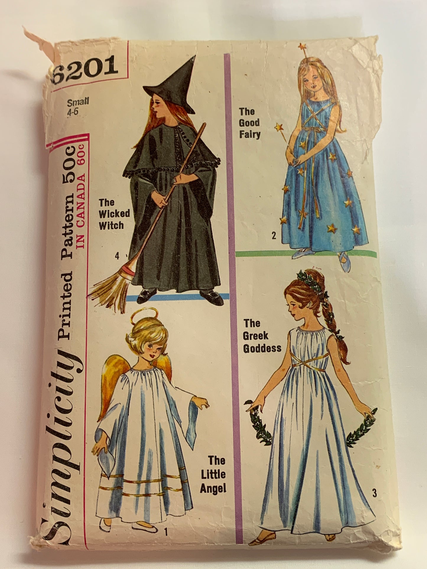 Simplicity Sewing Pattern 6201, Girls' Child's Costumes, Angel, Fairy, Witch, Goddess, Hat, Dress, Wings, Size 4-6, Cut, Vintage 1965