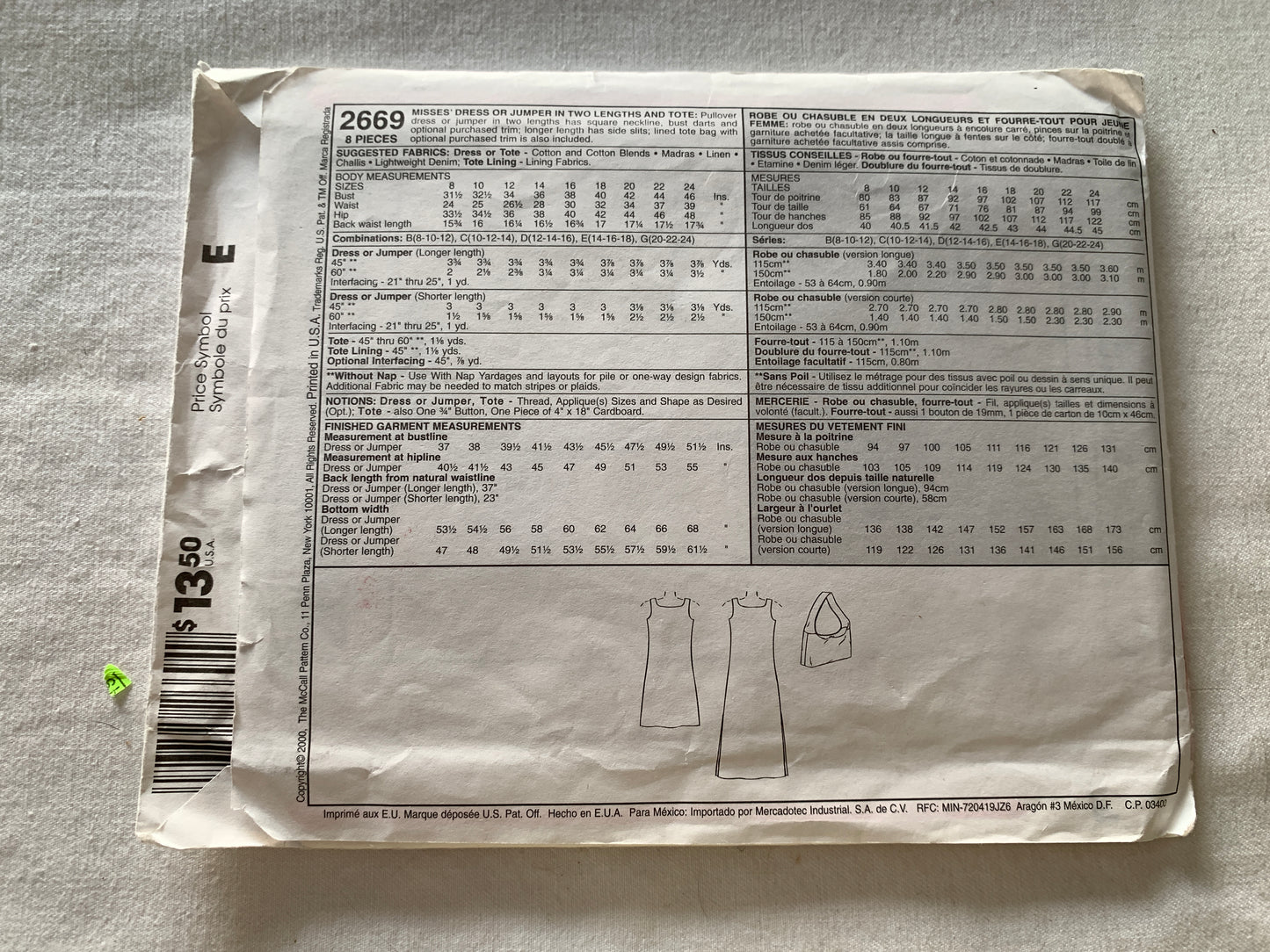 McCall's Sewing Pattern 2669 Misses' Jumper, Tote, Dress, Two Lengths, Pullover, Size 14-18, Uncut, 2000