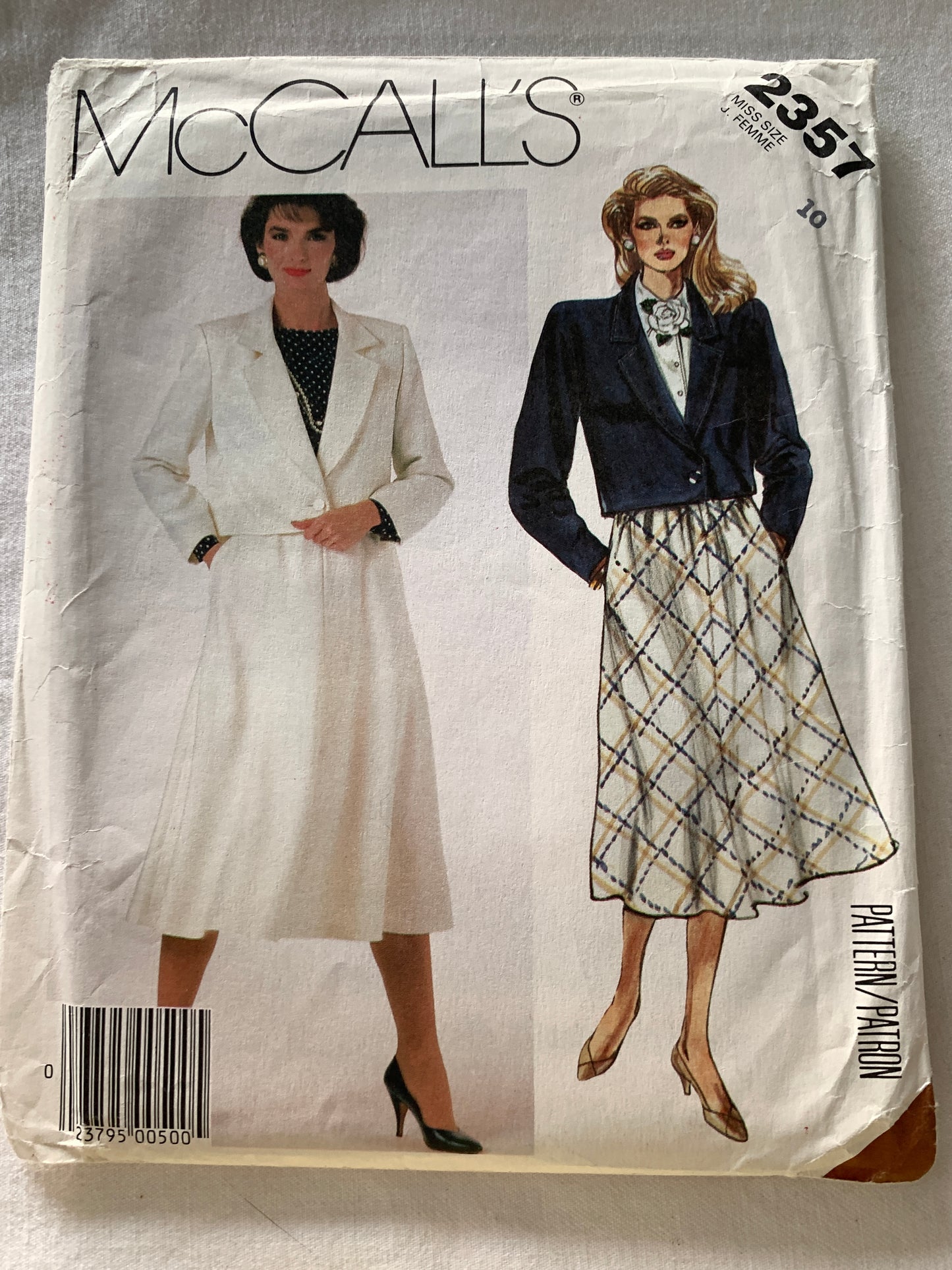 McCall's Sewing Pattern 2357 Misses' Lined Jacket, Skirt, Two Lengths, Shoulder Pads, Elastic Waist, Size 10, Uncut, Vintage 1986