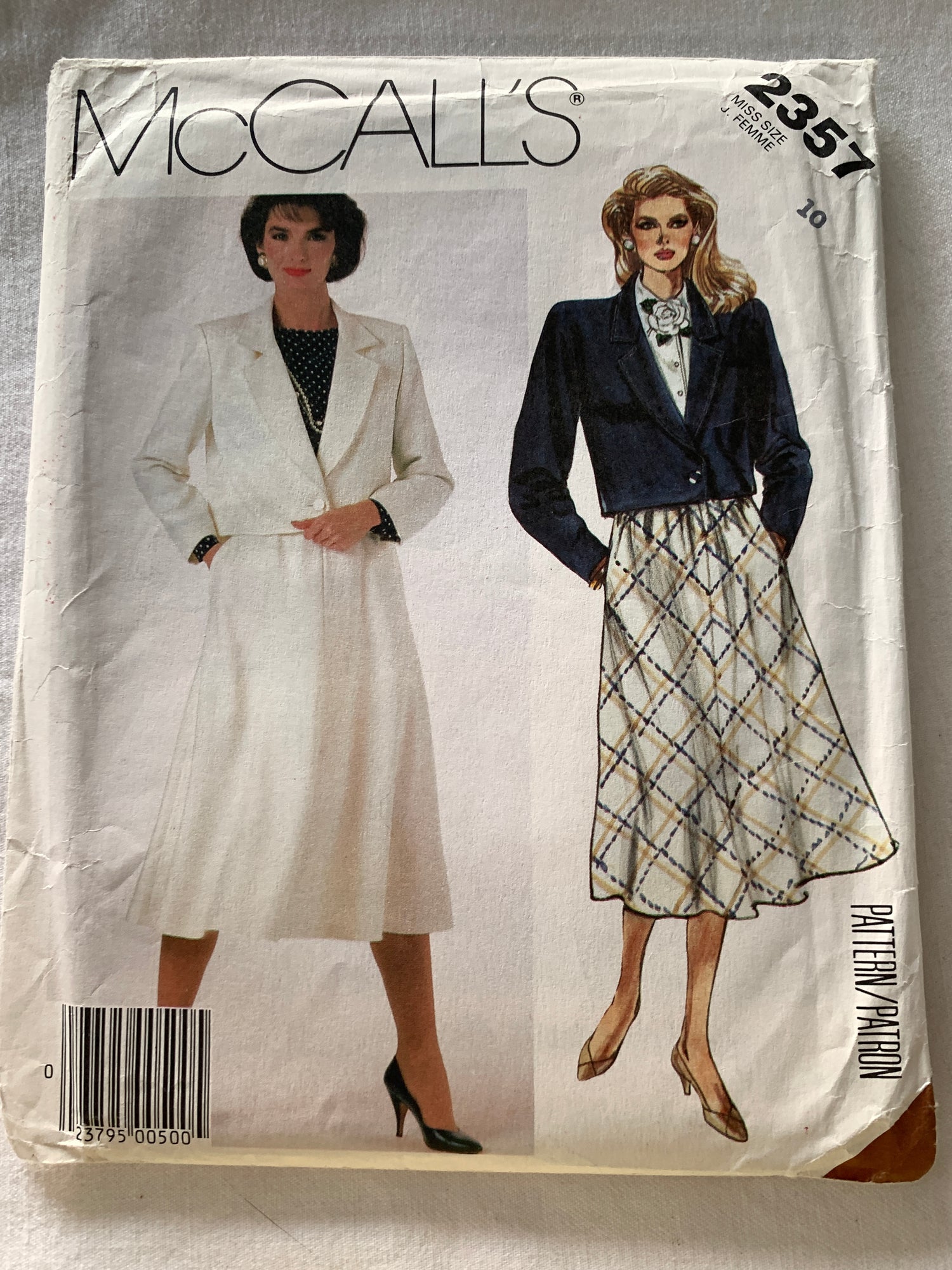 McCall's Sewing Pattern 2357 Misses' Lined Jacket, Skirt, Two Lengths, Shoulder Pads, Elastic Waist, Size 10, Uncut, Vintage 1986