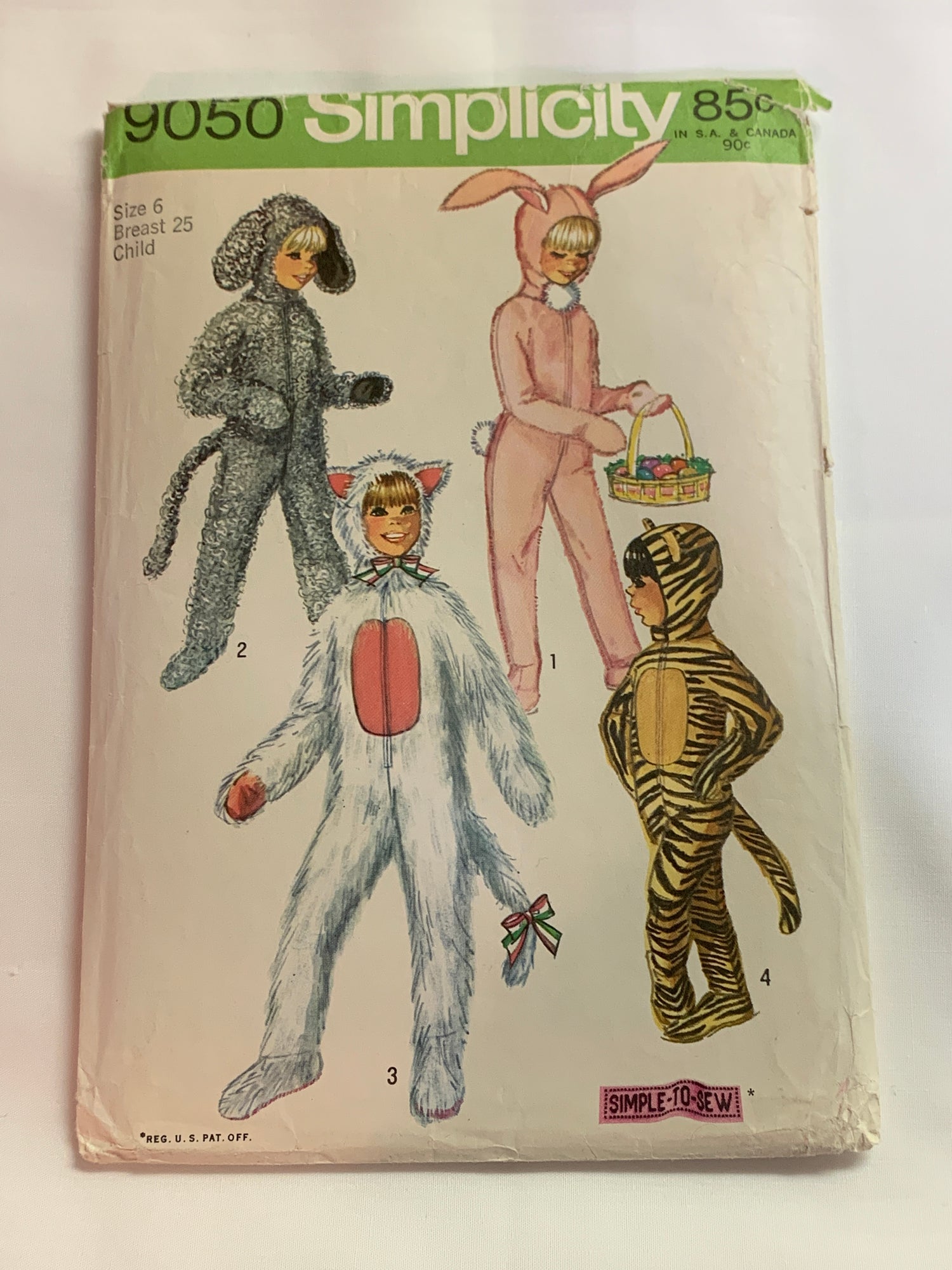 Simplicity Sewing Pattern 9050 Boys'/Girls' Rabbit, Tiger, Cat, Dog, Animal Costumes, Halloween, Dress-up, Jumpsuits, Detachable Head, Size 6, Cut, Vintage 1970