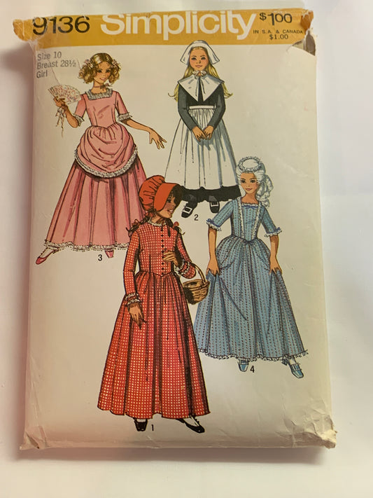 Simplicity Sewing Pattern 9136, Girls' Costumes, Puritan, Centennial, 18th & 19th Century, Long/Short Sleeves, Zipper Back, Apron, Hat, Collar, Size 10, Cut, Vintage 1979