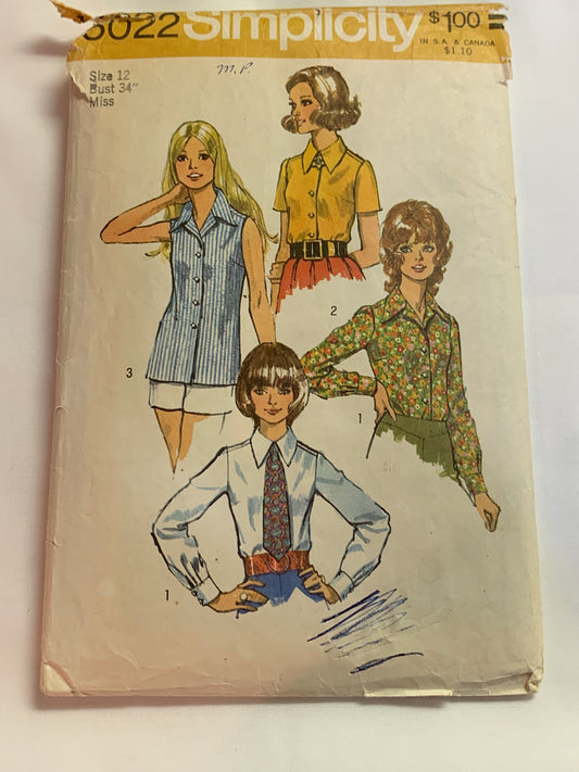 Simplicity Sewing Pattern 5022 Misses' Blouses, Ties, Shirts, Button Front, Long/Short Sleeves, Sleeveless, Collar,4 Variations Size 12, Cut, Vintage 1972