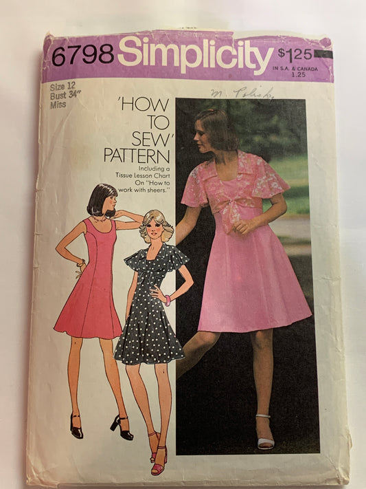 Simplicity Sewing Pattern 6798 Misses' Dresses, Princess Seams, Zipper Back, Short Sleeves, Sleeveless, Size 12, Cut, Vintage 1974