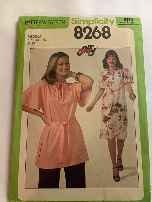 Simplicity Jiffy Sewing Pattern 8268 Misses' Dress, Pullover, Two Lengths, Short Sleeves, Size 14-16, Cut, Vintage 1977