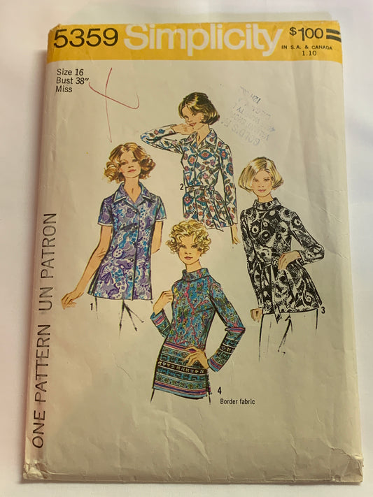 Simplicity Sewing Pattern 5359 Misses' Blouses, Ties, Shirts, Button Front, Long/Short Sleeves, Collar, 4 Variations, Size 16, Cut, Vintage 1972