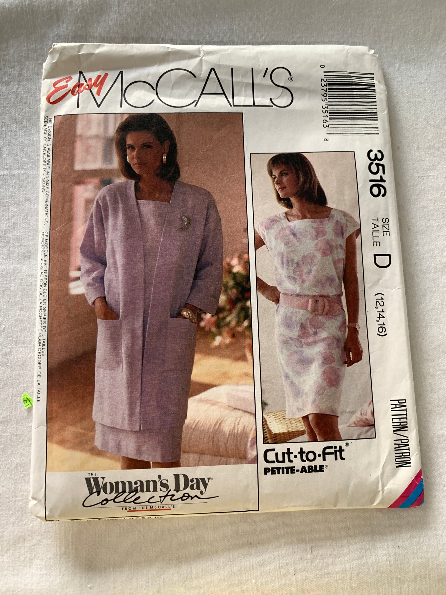 McCall's Sewing Pattern 3516 Misses' Unlined Jacket, Dress, Long Sleeves, Zipper Back, Loose-Fitting, Pockets, Size 12-16, Uncut, Vintage 1988