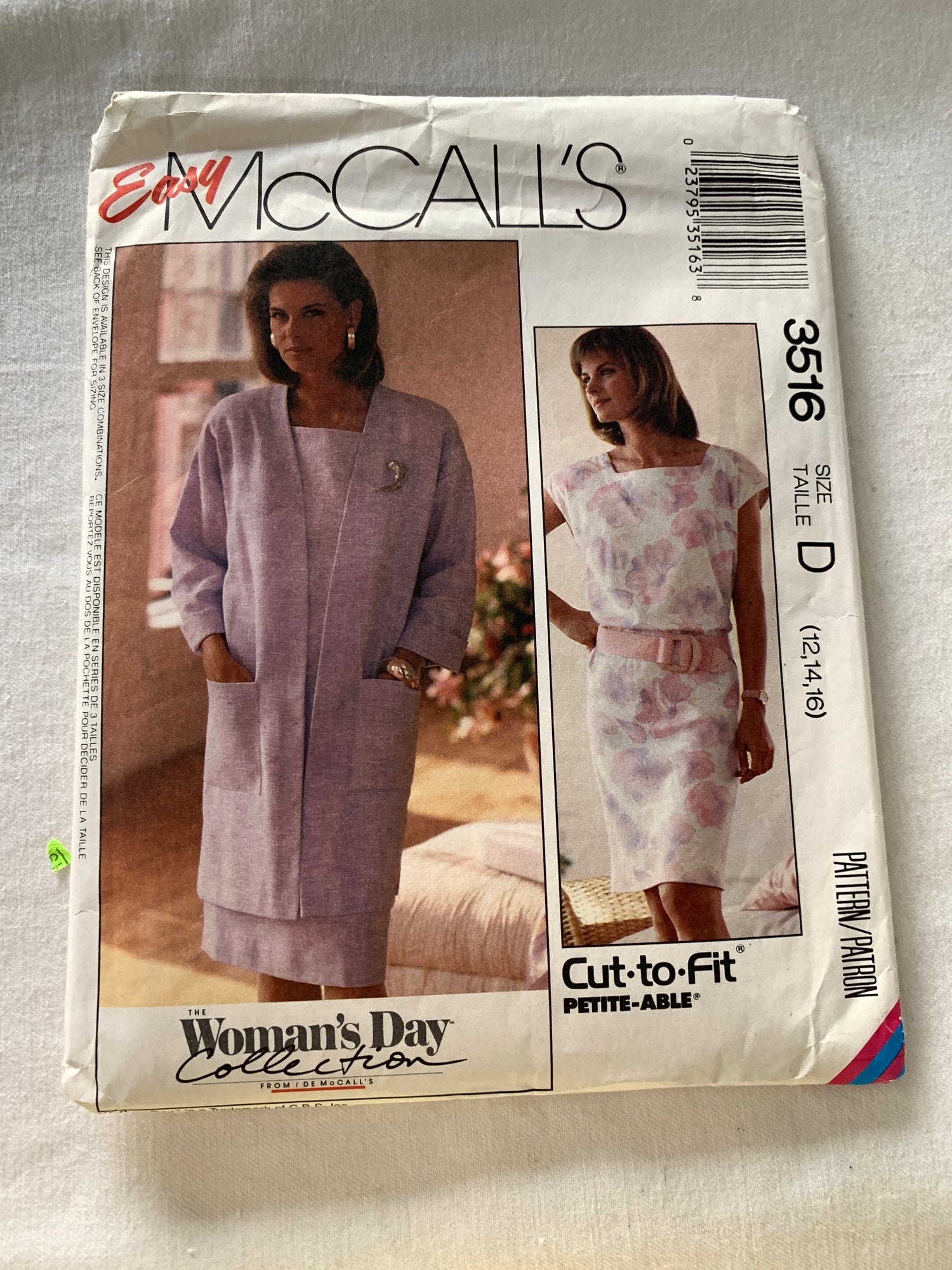 McCall's Sewing Pattern 3516 Misses' Unlined Jacket, Dress, Long Sleeves, Zipper Back, Loose-Fitting, Pockets, Size 12-16, Uncut, Vintage 1988