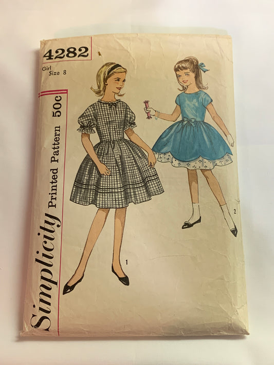 Simplicity Sewing Pattern 4282 Girls' One-Piece Dress, Flared Skirt, Short Sleeves, Button Back, Underskirt, Size 8, Cut, Vintage 1960