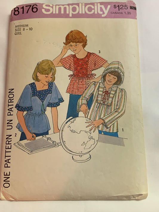 Simplicity Sewing Pattern 8176 Girls' Tops, Hood, Long/Short Sleeves, Side Ties, Size 8-10, Cut, Vintage 1977