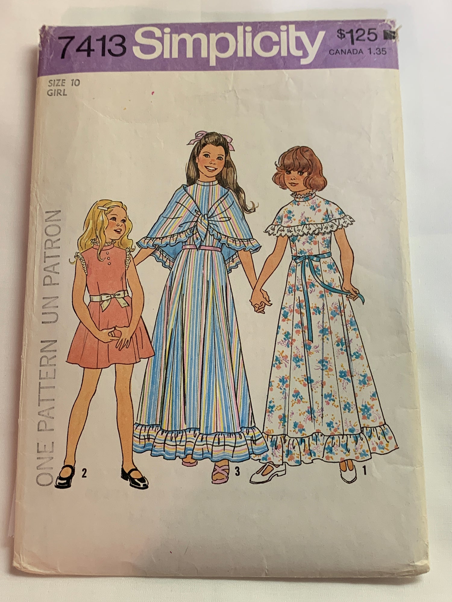 Simplicity Sewing Pattern 7413 Girls' Dress, Shawl, Two Lengths, Zipper Back, Sleeveless, Size 10, Cut, intage 1976