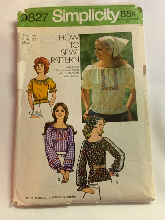 Simplicity Sewing Pattern 9827 Misses' Blouses, Shirts, Scarf, Pullover, Long/Short Sleeves, 4 Variations Size 12-14, Cut, Vintage 1971