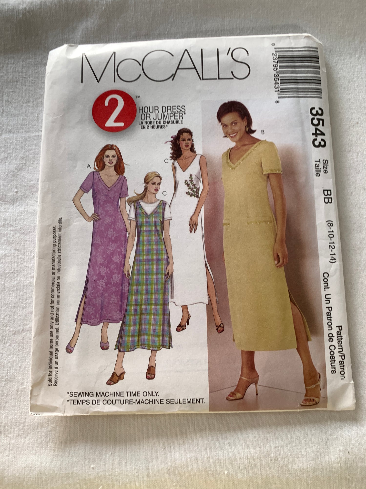McCall's Sewing Pattern 3543 Misses'/Miss Petite Dress, Jumper, Zipper Back, Pockets, Size 8-14, Uncut, 2002