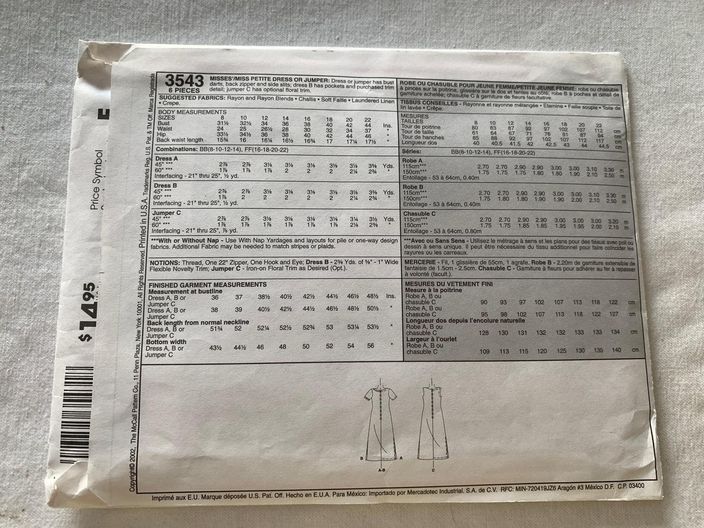 McCall's Sewing Pattern 3543 Misses'/Miss Petite Dress, Jumper, Zipper Back, Pockets, Size 8-14, Uncut, 2002