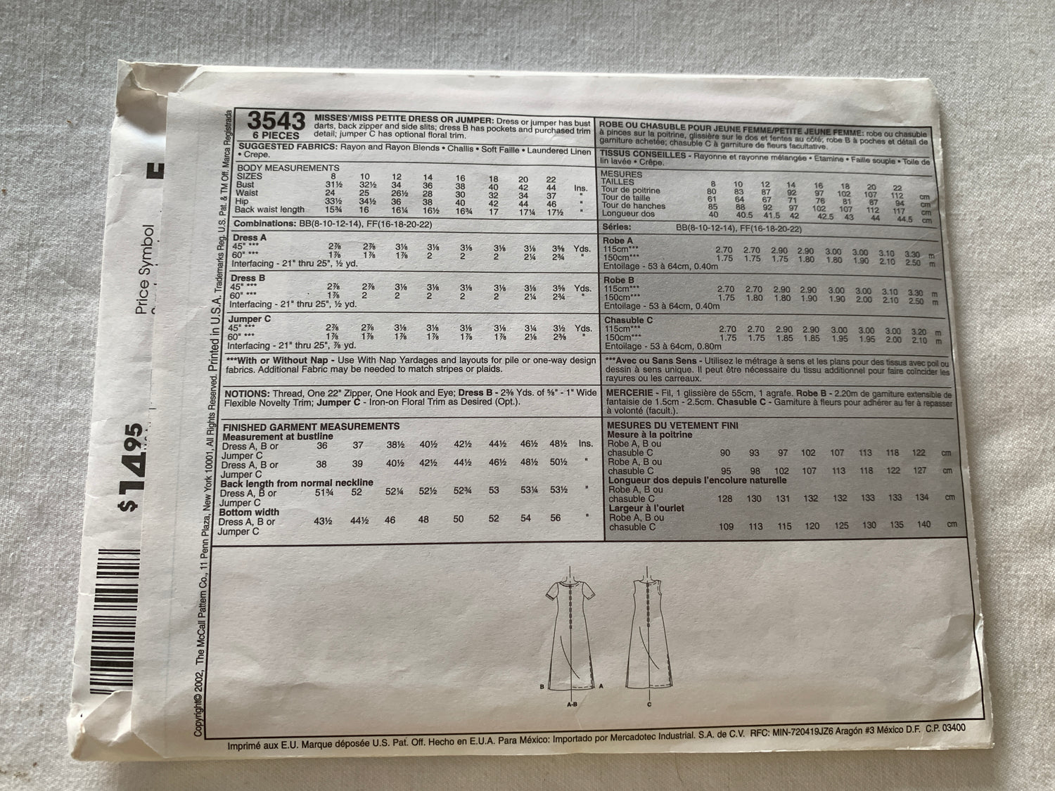 McCall's Sewing Pattern 3543 Misses'/Miss Petite Dress, Jumper, Zipper Back, Pockets, Size 8-14, Uncut, 2002