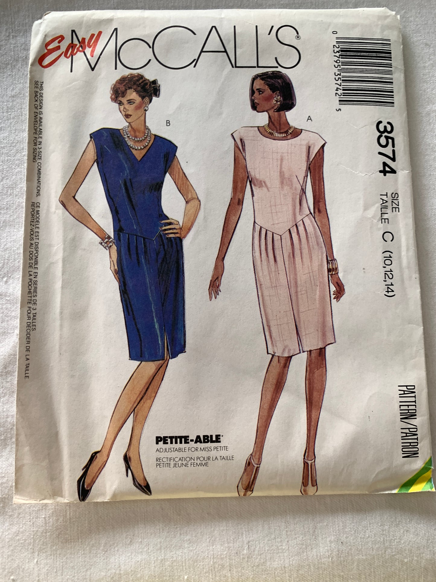 McCall's Sewing Pattern 3574 Misses' Dress, Sleeveless, Zipper Back, Pleats, Size 10-14, Uncut, Vintage 1988