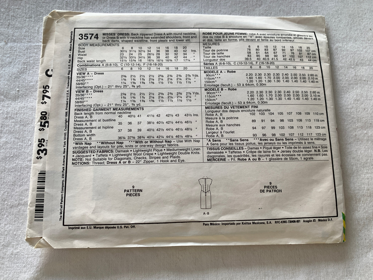 McCall's Sewing Pattern 3574 Misses' Dress, Sleeveless, Zipper Back, Pleats, Size 10-14, Uncut, Vintage 1988