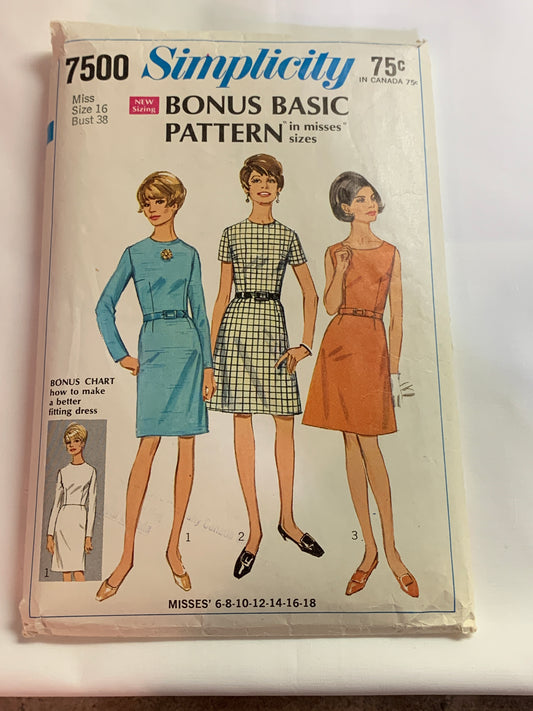 Simplicity Sewing Pattern 7500 Misses' Dresses, Two Bodice/Skirts, 3 Variations, Zipper Back, Long/Short Sleeves, Size 16, Cut, Vintage 1967