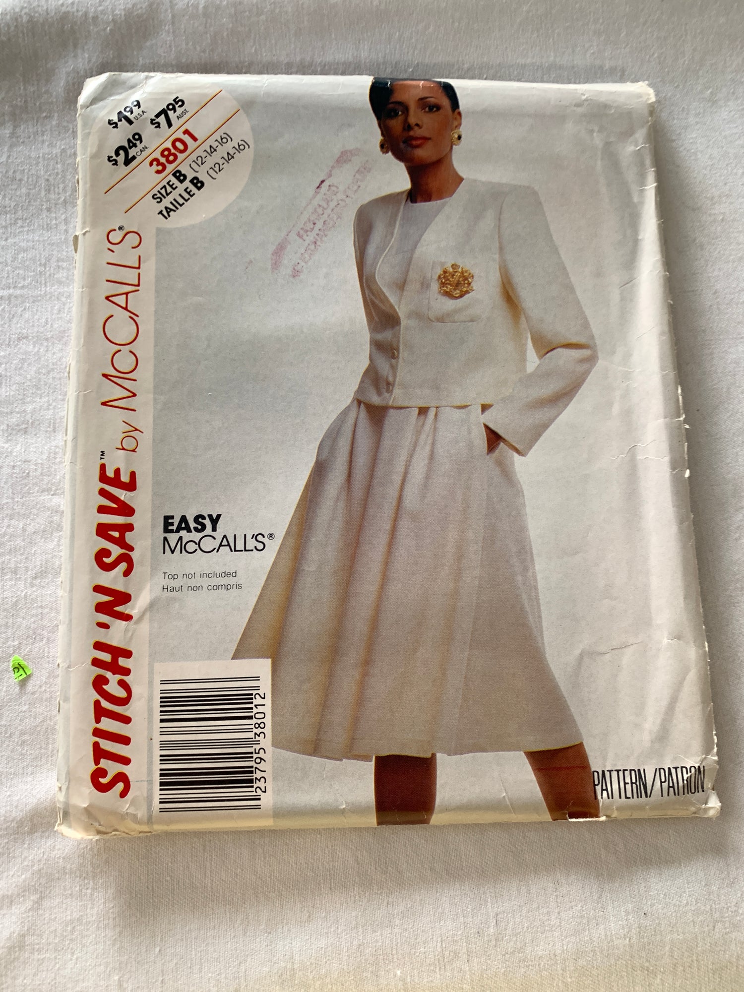 McCall's Sewing Pattern 3801 Misses' Jacket, Skirt, Button Front, Pockets, Elastic Waist, 6-10, Uncut, Vintage 1988