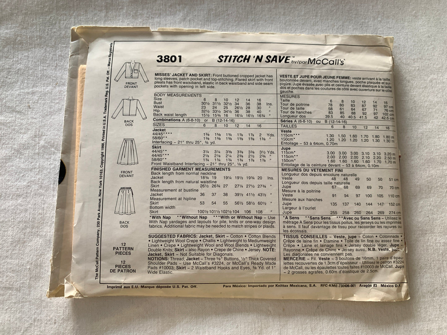 McCall's Sewing Pattern 3801 Misses' Jacket, Skirt, Button Front, Pockets, Elastic Waist, 6-10, Uncut, Vintage 1988
