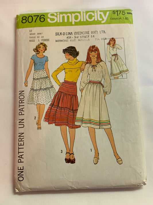 Simplicity Sewing Pattern 8076 Misses' Skirts, Zipper Back, 3 Variations, 3 Tiers, Size 12, Cut, Vintage 1977