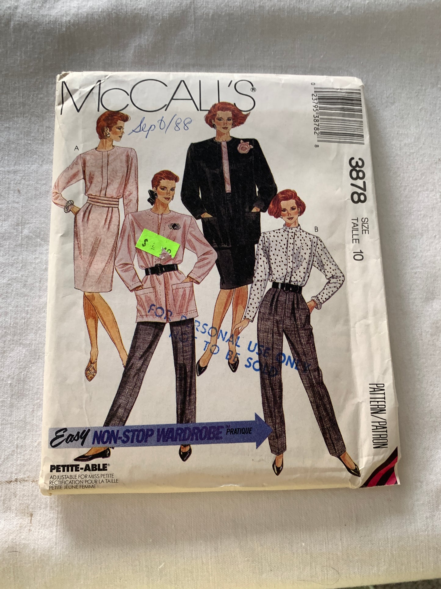 McCall's Sewing Pattern 3878 Misses' Unlined Jacket, Blouse, Skirt, Pants, Cummerbund, Flower, Long Sleeves, Size 10, Uncut, Vintage 1988