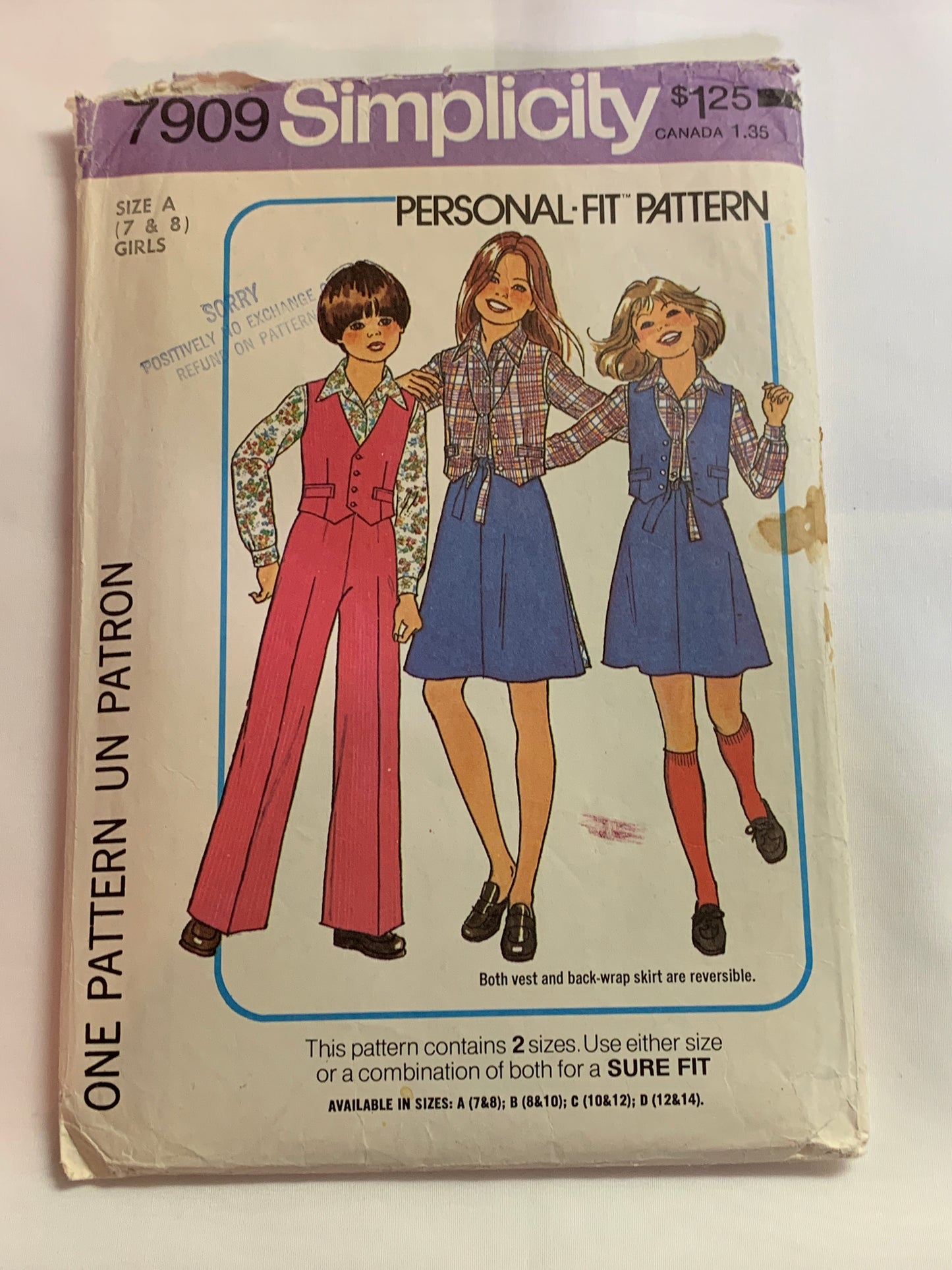 Simplicity Sewing Pattern 7909 Girls' Reversible Vest, Skirt, Pants, Shirt, Button Front, Zipper Front, Wrap, Size 7-8, Cut, Vintage 1977