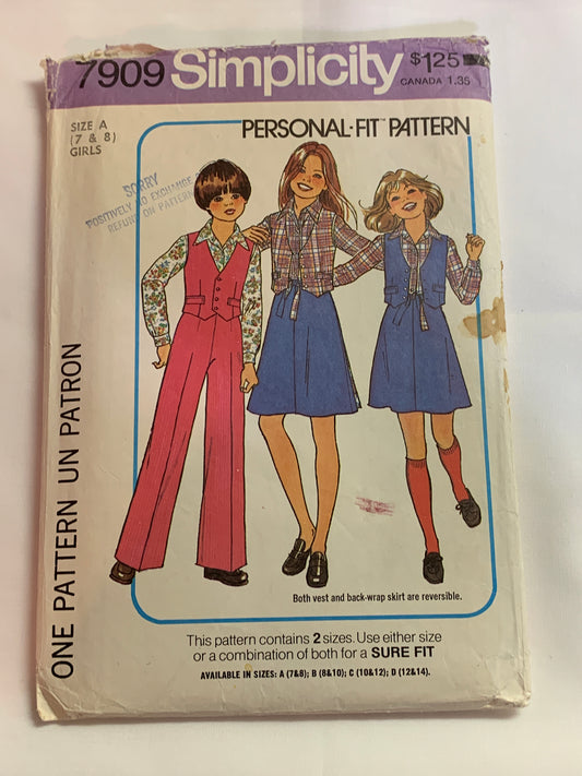 Simplicity Sewing Pattern 7909 Girls' Reversible Vest, Skirt, Pants, Shirt, Button Front, Zipper Front, Wrap, Size 7-8, Cut, Vintage 1977