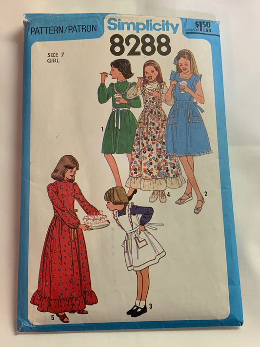 Simplicity Sewing Pattern 8288 Girls' Dress, Pinafore, Sundress, Two Lengths, Button/Zipper Back, Long Sleeves, Size 7, Cut, Vintage 1977