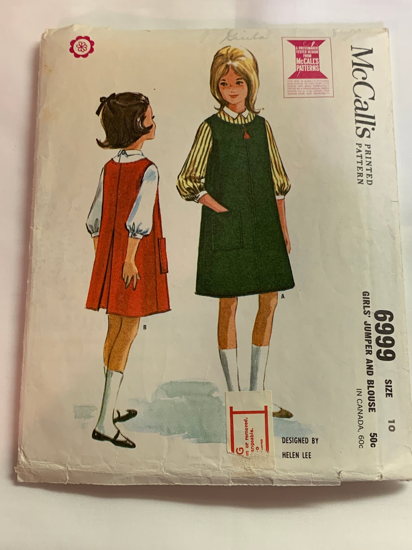 McCall's Sewing Pattern 6999 Girls' Jumper, Blouse, Back Button, Dress, Pockets, Collar, Size 10, Cut, Vintage 1963