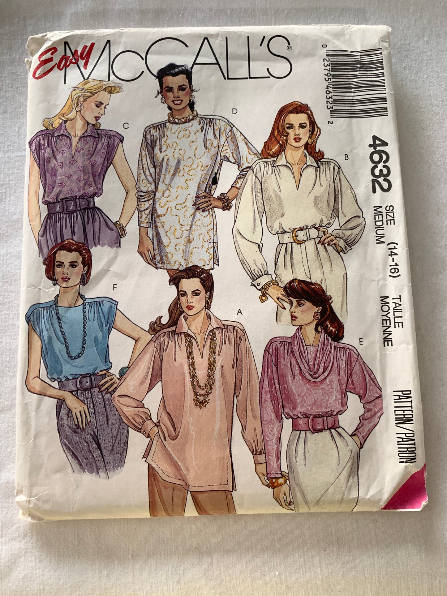 McCall's Sewing Pattern 4632 Misses' Tunics, Tops, Detachable Drape, Long Sleeves, Pullover, 6 Variations, Size 14-16, Uncut, Vintage 1989