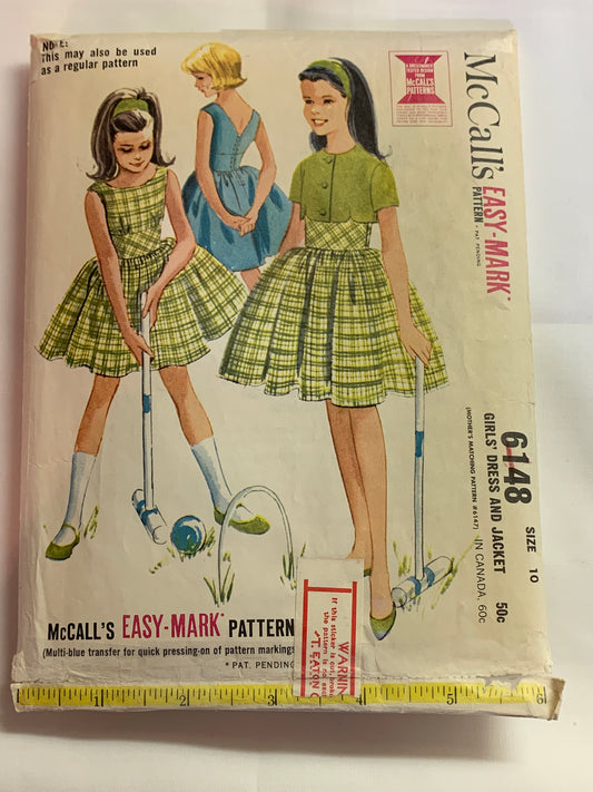 McCall's Sewing Pattern 6148 Girls' Dress, Jacket, Short Sleeves,Zipper Back, Size 10, Cut, Vintage 1961