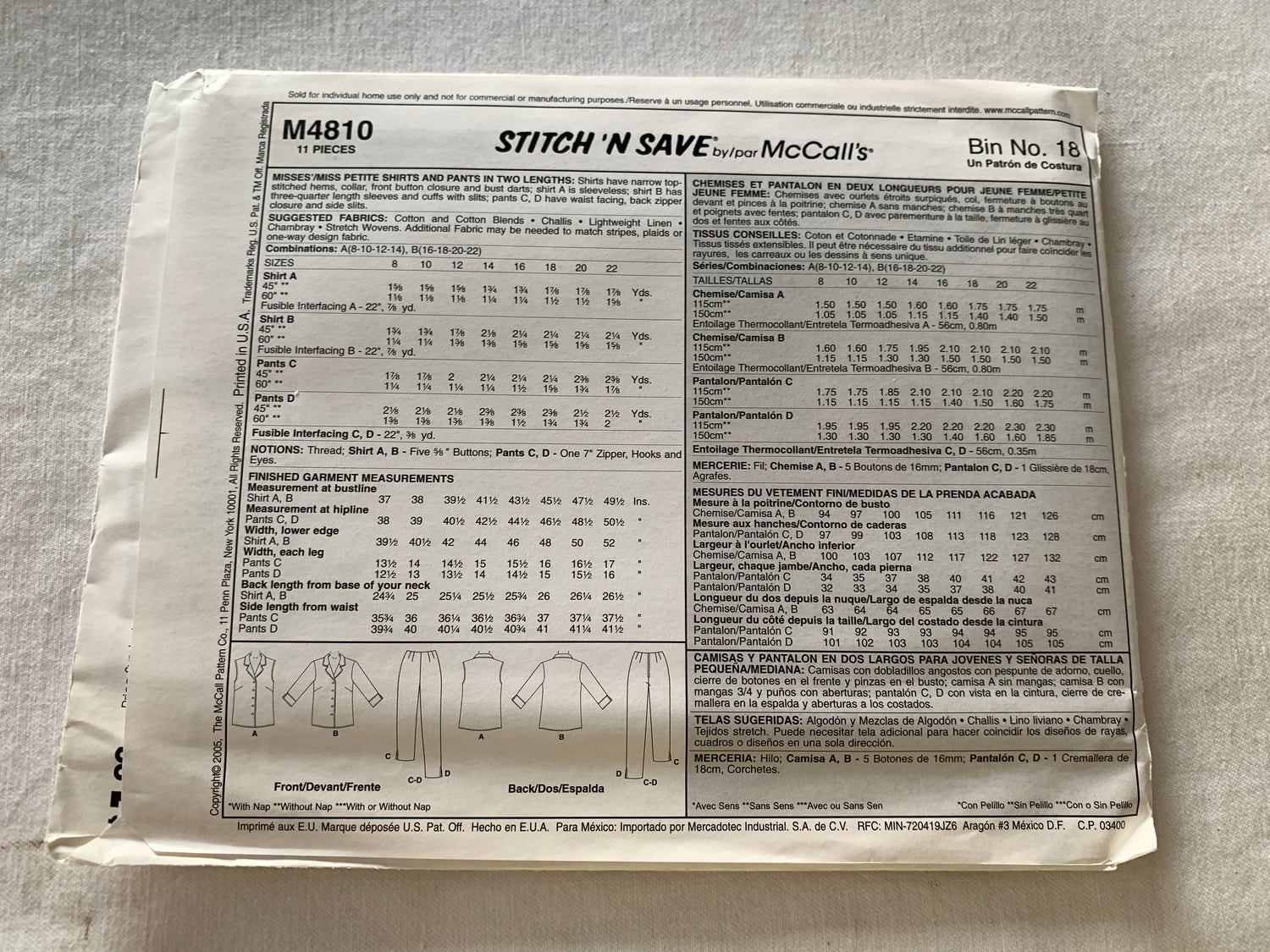 McCall's Stitch 'N Save Sewing Pattern M4810 Misses'/Miss Petite Shirts, Pants, Two Length, Button Front, Size 8-14, Uncut, Vintage 2006