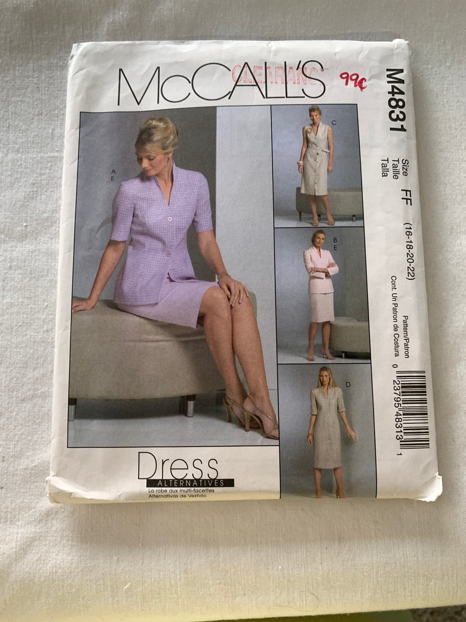 McCall's Sewing Pattern M4831 Misses'/Miss Petite Unlined Jacket, Dress, Skirt, Tie Belt, Zipper Back, Princess Seams, Size 16-22, Uncut, 2005