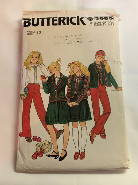 Butterick Sewing Pattern 3985 Girls' Jacket, Vest, Pants, Skirt, Blouse, Pockets, Loose-Fitting, Long Sleeves, Sleeveless, Button Front, Size 12, Cut, Vintage 1975