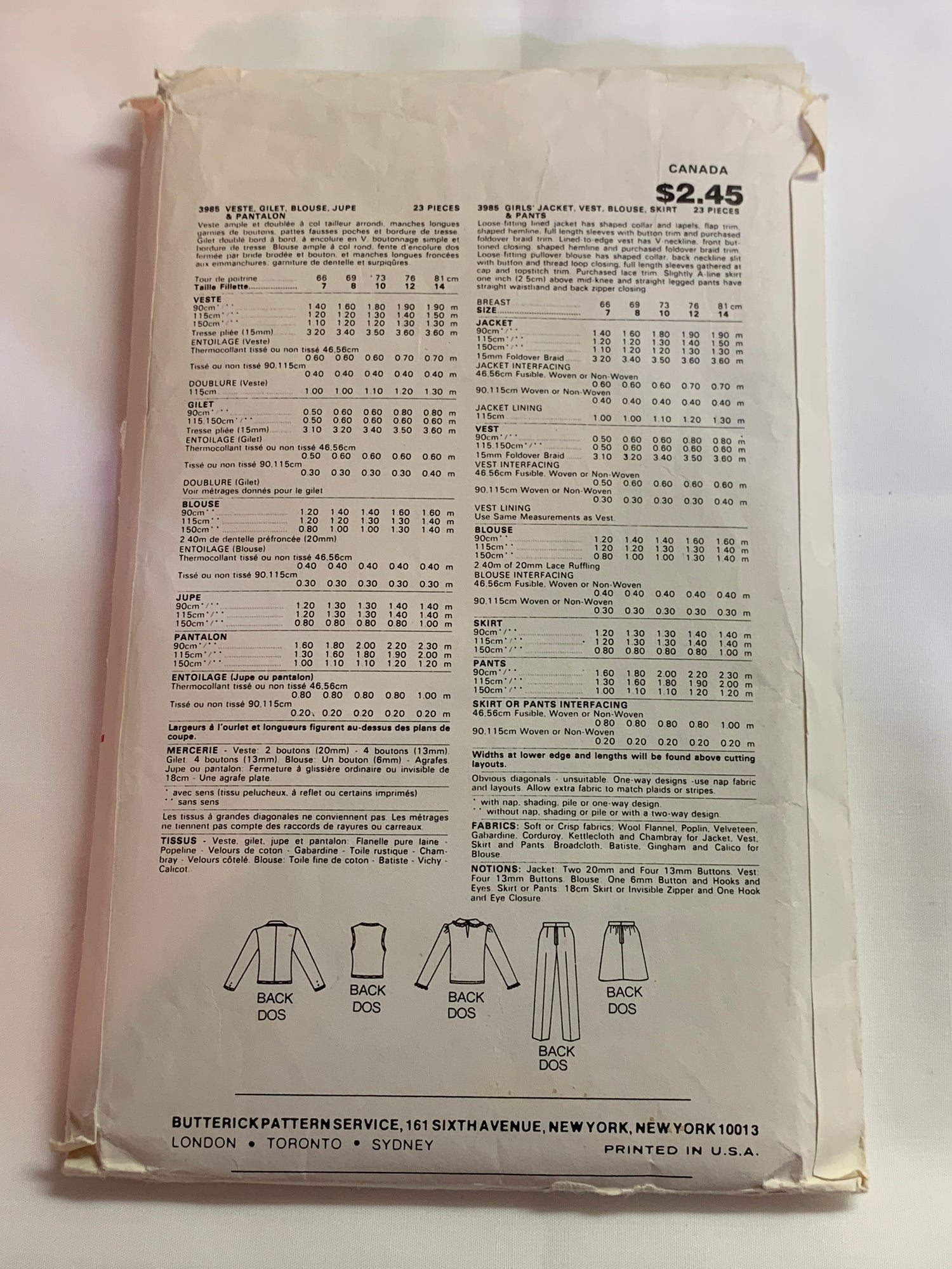 Butterick Sewing Pattern 3985 Girls' Jacket, Vest, Pants, Skirt, Blouse, Pockets, Loose-Fitting, Long Sleeves, Sleeveless, Button Front, Size 12, Cut, Vintage 1975