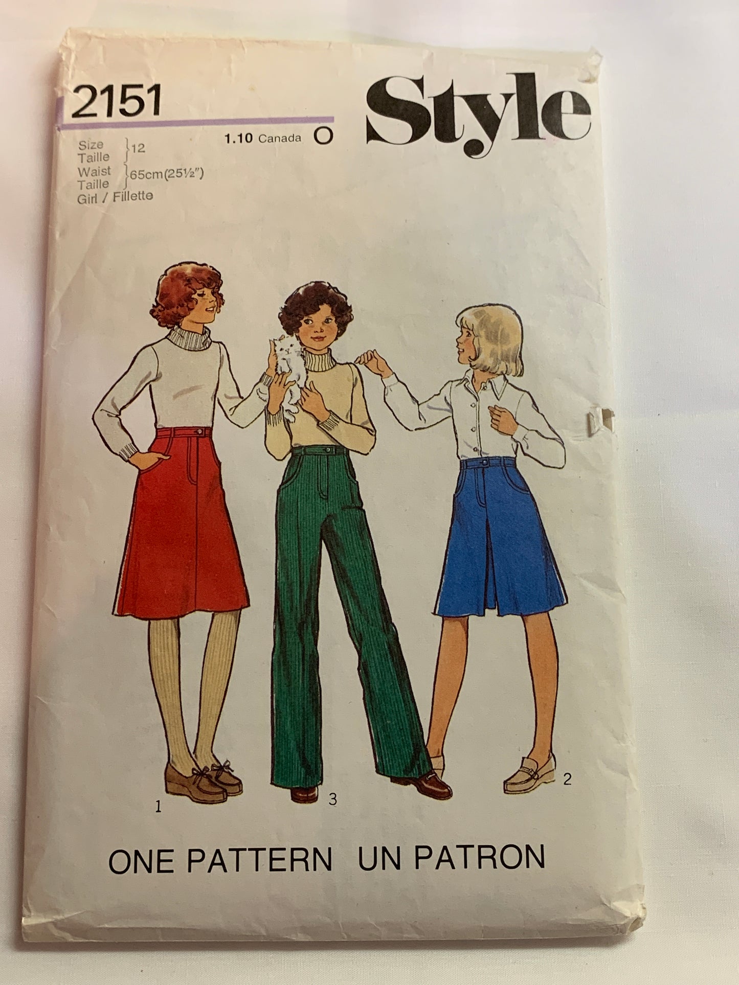 Style Sewing Pattern 2151 Girls' Skirt, Pants, Gauchos, Trousers, Two Lengths, Zipper Back, Size 12, Cut, Vintage 1977