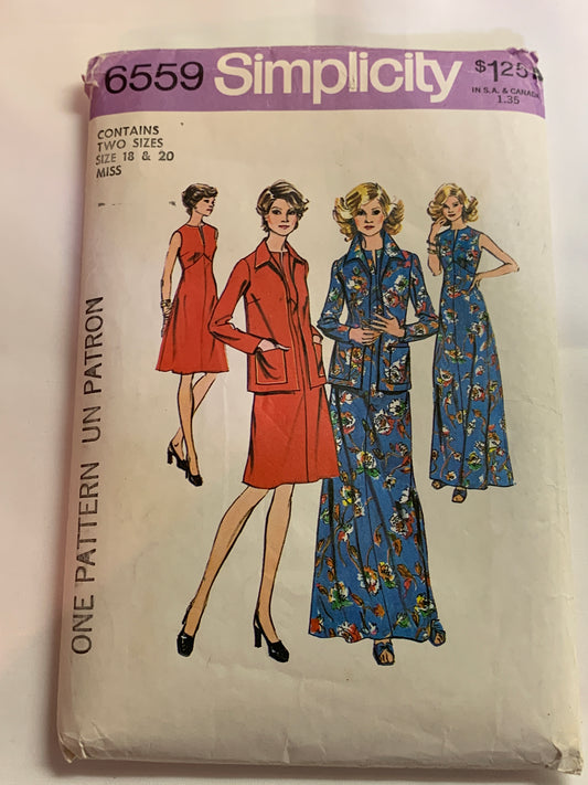 Simplicity Sewing Pattern 6559 Misses' Dress, Two Lengths, Jacket, Zipper Back, Size 18-20, Uncut, Vintage 1974