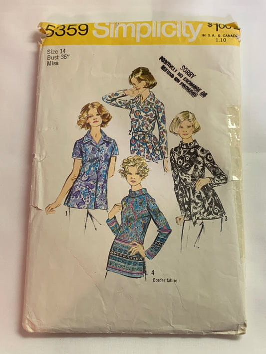 Simplicity Sewing Pattern 5359 Misses' Blouses, Ties, Shirts, Button Front, Long/Short Sleeves, Collar, 4 Variations, Size 14, Uncut, Vintage 1972