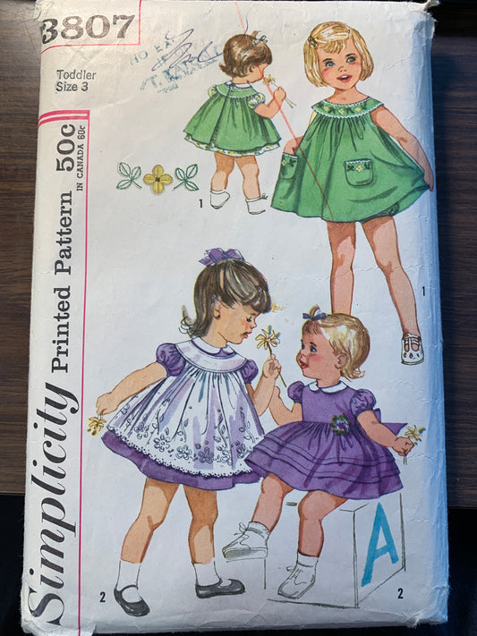 Simplicity Sewing Pattern 3807 Toddlers' Dress, Pinafore, Panties, Short Sleeves, Size 3, Cut, Vintage 1960