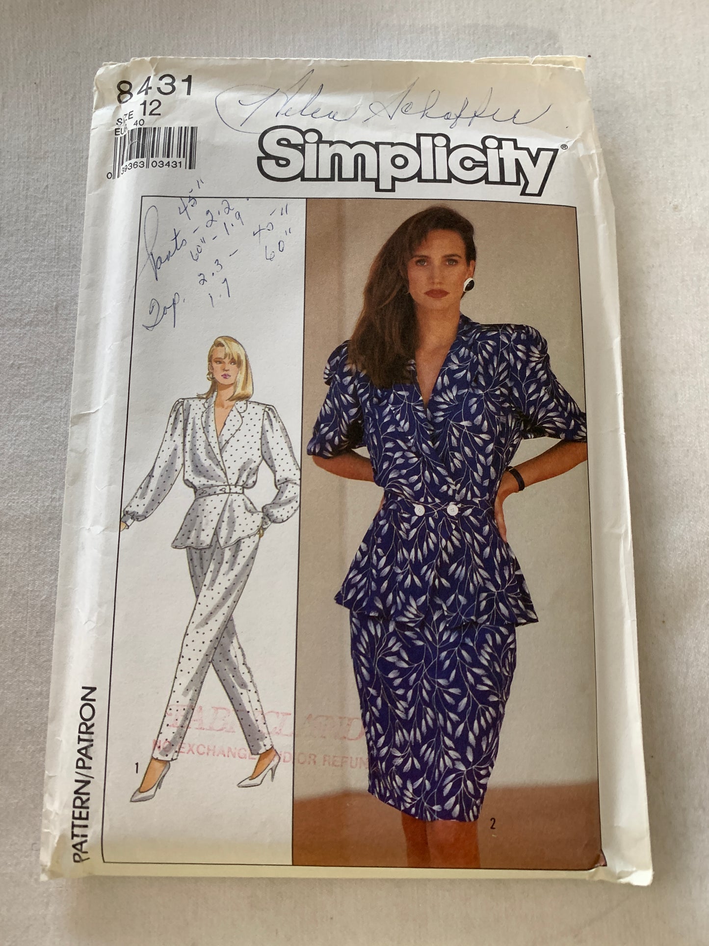 Simplicity Sewing Pattern 8431 Misses' Pants, Tops, Skirt, Button Front, Pockets, Zipper Back, Size 12, Uncut, Vintage 1987