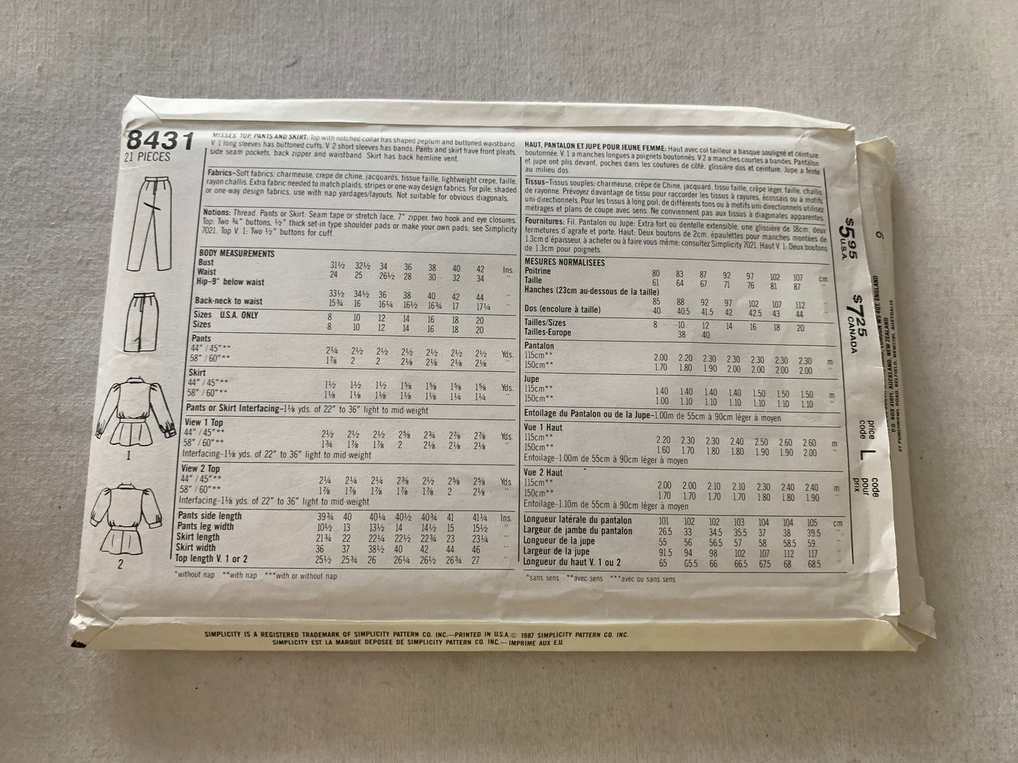 Simplicity Sewing Pattern 8431 Misses' Pants, Tops, Skirt, Button Front, Pockets, Zipper Back, Size 12, Uncut, Vintage 1987