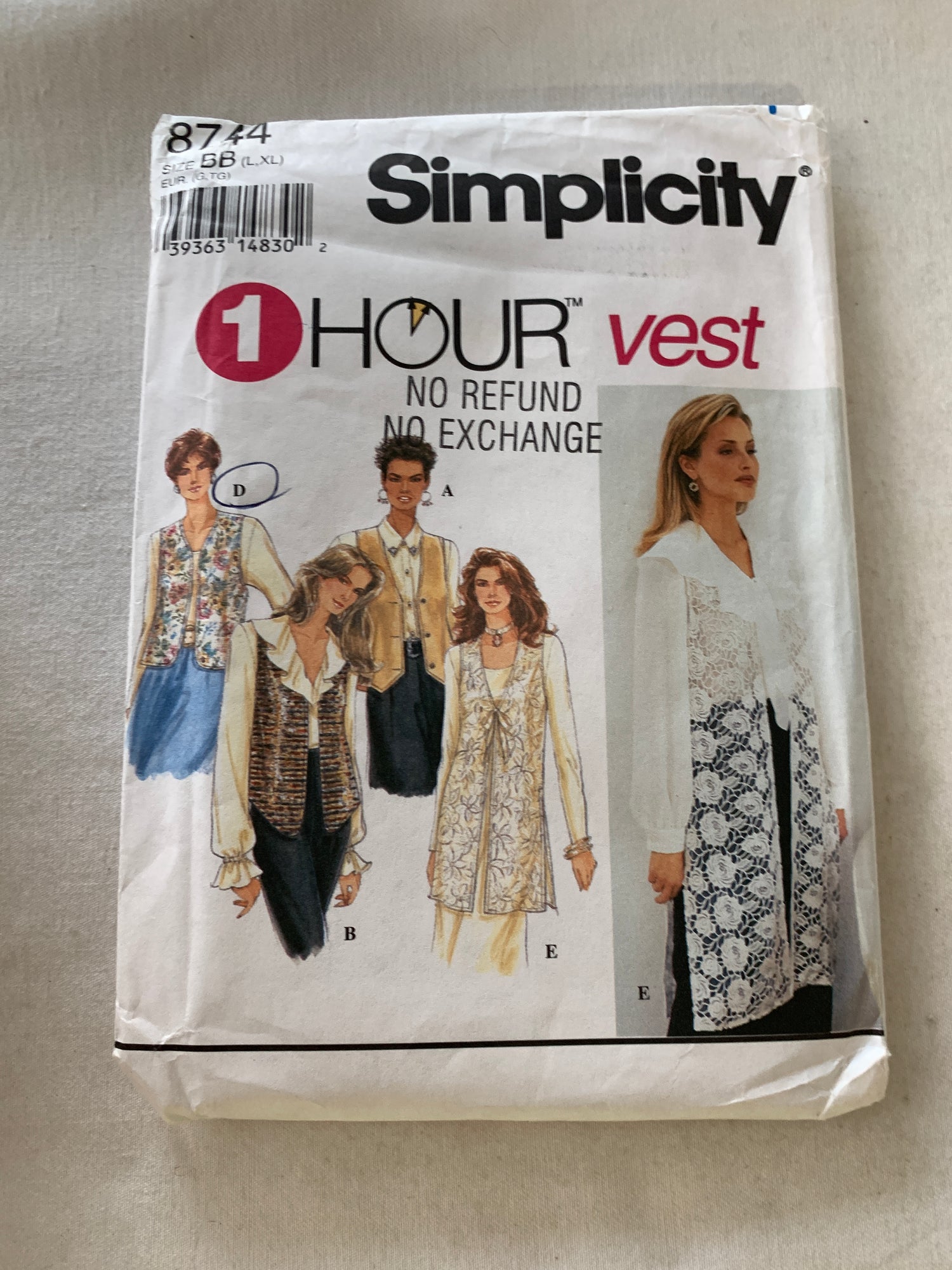 Simplicity Sewing Pattern 8744 Misses' Lined Vests, Sleeveless, Tie Back, Button Front, 5 Variations, Size 18-24, Uncut, Vintage 1993