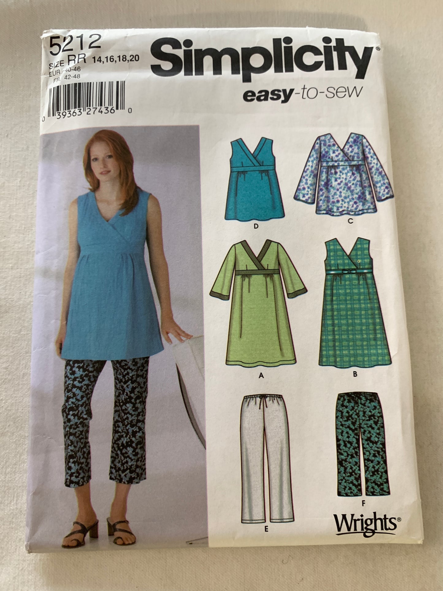 Simplicity Sewing Pattern 5212 Misses' Maternity Dress, Tops, Pants, Sleeveless, Zipper Back, Two Lengths, Elastic Waist, Size 14-20, Uncut, Vintage 2004