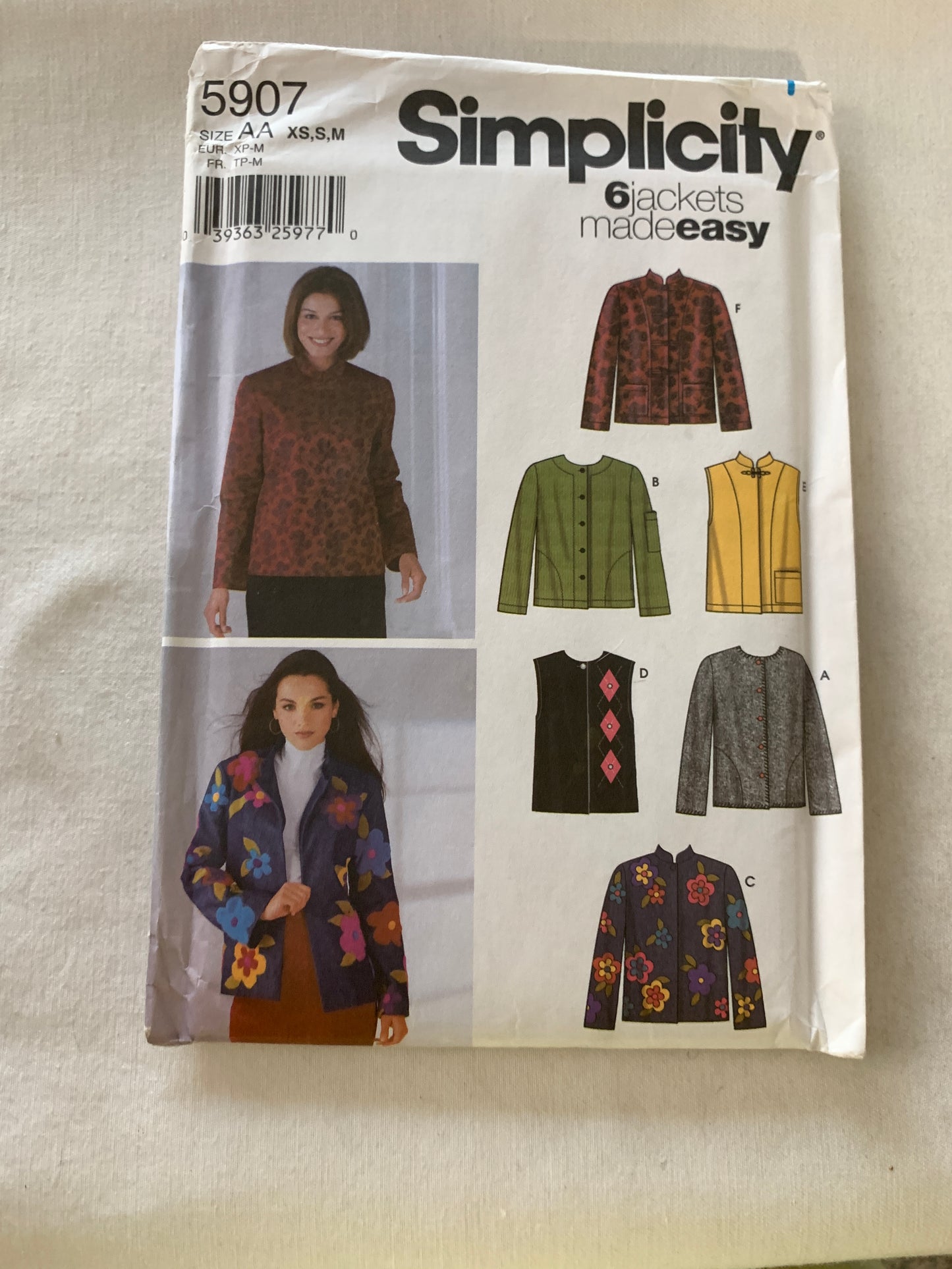 Simplicity Sewing Pattern 5907 Misses' Jacket, Vest, Long Sleeves, Sleeveless, Button Front, 6 Variations, Size 6-16, Uncut, Vintage 2002