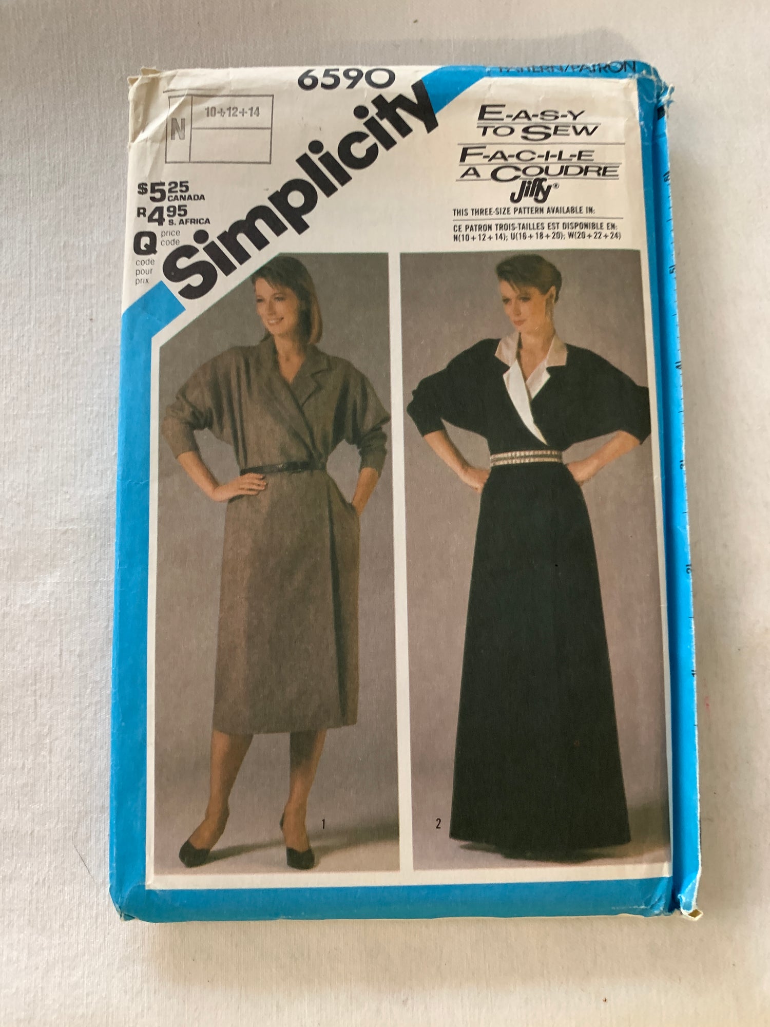 Simplicity Jiffy Sewing Pattern 6590 Misses' Wrap Dress, Two Lengths, Long Sleeves, Pockets, Size 10-14, Uncut, Vintage 1984